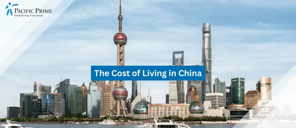 Image of Shanghai Skyline With Oriental Pearl Tower And Skyscrapers By The River with text overlay of "The Cost of Living in China"