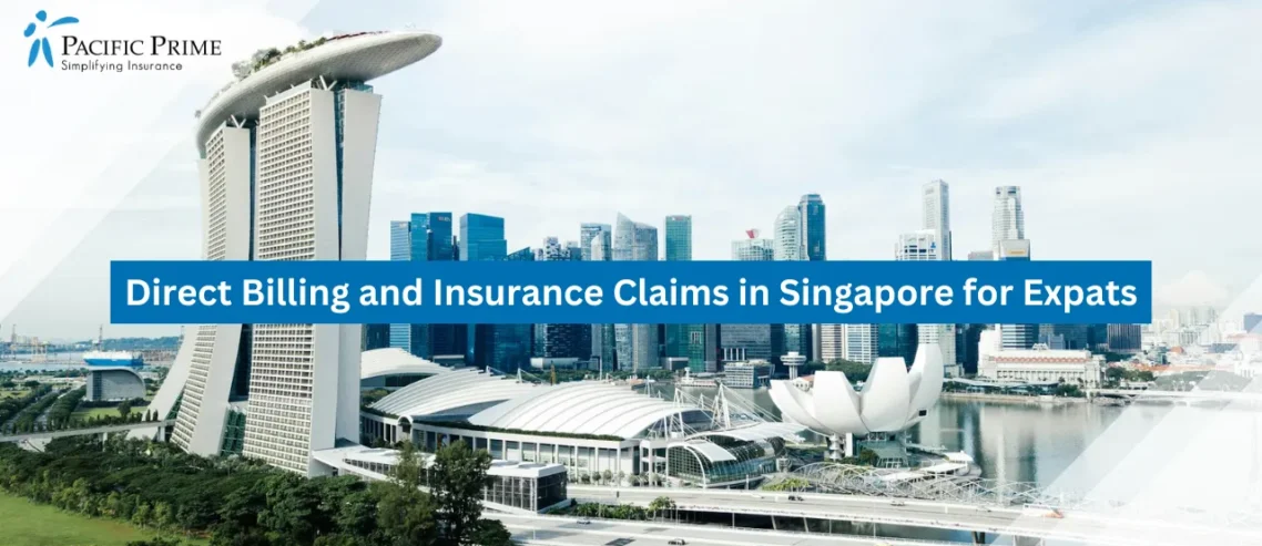 Image of Singapore Skyline With Marina Bay Sands At Sunset with text overlay of "Direct Billing and Insurance Claims in Singapore for Expats"