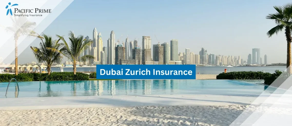 Image of Skyline Of Dubai Viewed From A Luxury Beachfront Swimming Pool with text overlay of "Dubai Zurich Insurance"