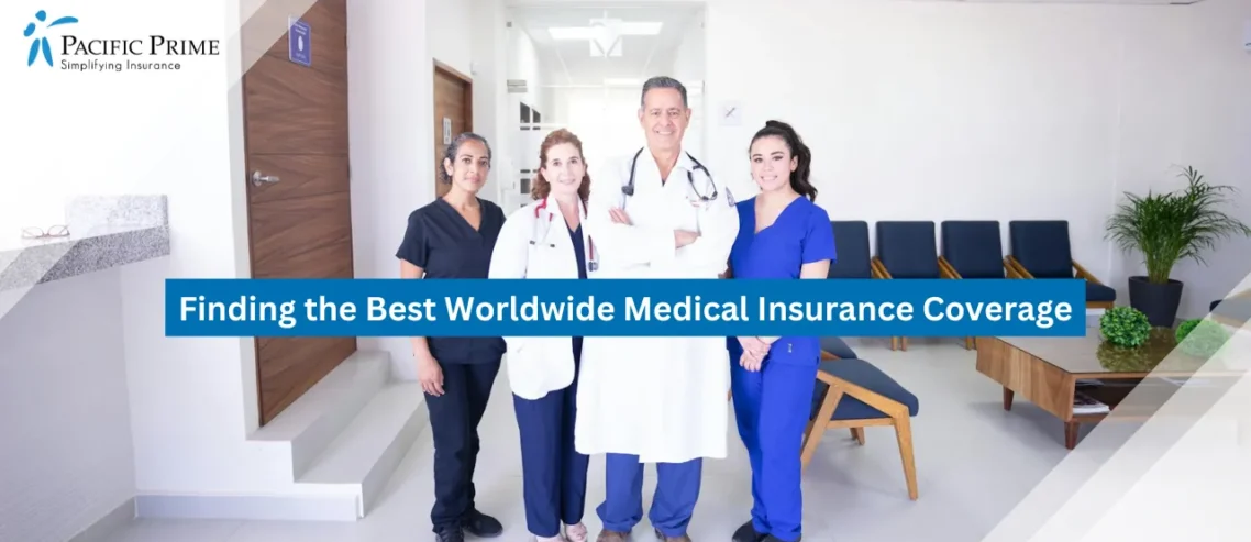 Image of Smiling Medical Staff In Uniform At Modern Hospital Waiting Area with text overlay of "Finding the Best Worldwide Medical Insurance Coverage"