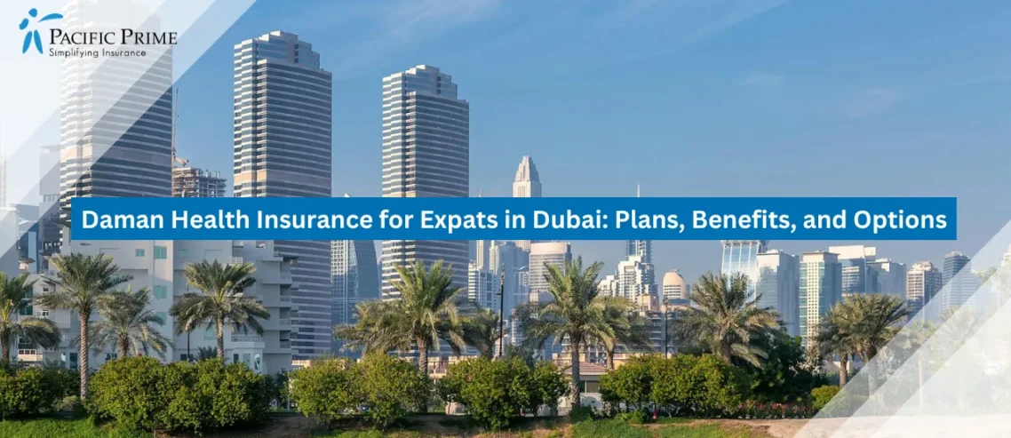 Image of Stunning Dubai Marina Skyline Reflected On Calm Waters with text overlay of "Daman Health Insurance for Expats in Dubai: Plans, Benefits, and Options"
