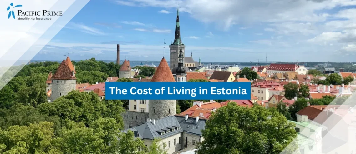 Image of Tallinn Old Town Skyline With Historic Buildings And Spires with text overlay of "The Cost of Living in Estonia"
