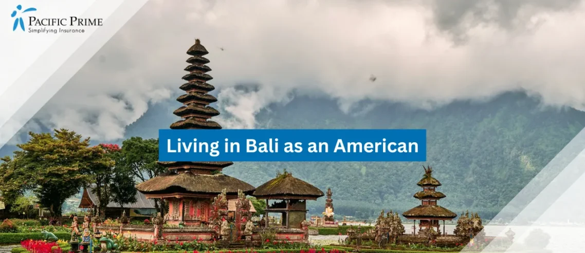 Image of Temple Complex On Lake With Mountains In The Background with text overlay of "Living in Bali as an American"