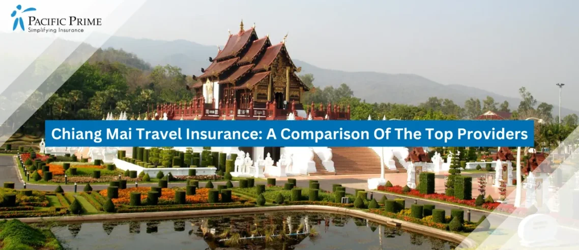 Image of Thai Temple With Gardens And Pond Reflection In Chiang Mai with text overlay of "Chiang Mai Travel Insurance: A Comparison Of The Top Providers"