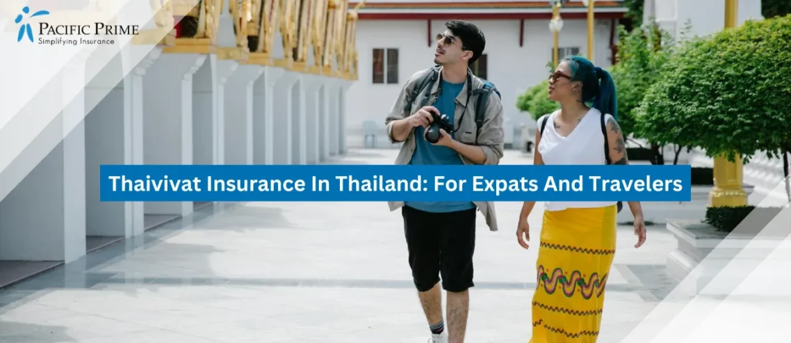 Image of Tourists Exploring A Thai Temple While Sightseeing And Taking Photos with text overlay of "Thaivivat Insurance In Thailand: For Expats And Travelers"
