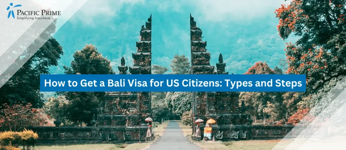 Image of Traditional Balinese Gate Set Against Lush Greenery And Mountains with text overlay of "How to Get a Bali Visa for US Citizens: Types and Steps"