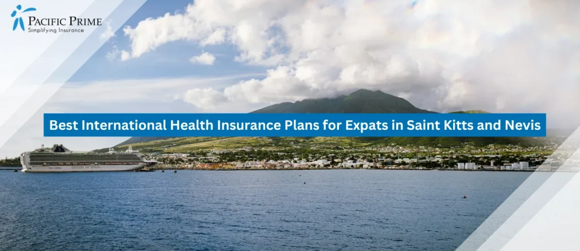 Image of Tropical Coastline View Of Saint Kitts And Nevis Island with text overlay of "Best International Health Insurance Plans for Expats in Saint Kitts and Nevis"