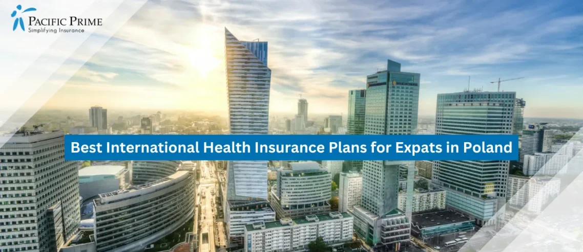 Image of Warsaw Skyscraper At Sunset With Vibrant City Skyline View with text overlay of "Best International Health Insurance Plans for Expats in Poland"