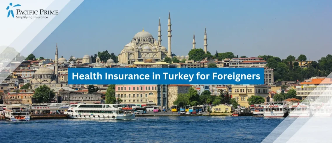 Image of Waterfront View With City Skyline And Mosque In Istanbul with text overlay of "Health Insurance in Turkey for Foreigners"