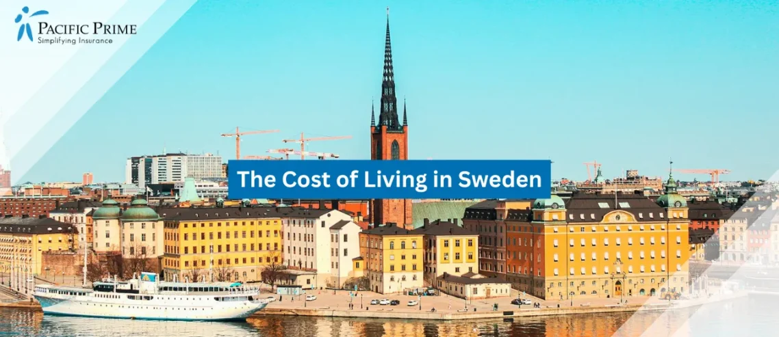 Image of White Boat On Calm Water Near City Buildings In Stockholm, Sweden with text overlay of "The Cost of Living in Sweden"