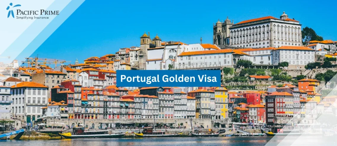 Image of White Buildings Along The Waterfront In Porto, Portugal with text overlay of "Portugal Golden Visa"