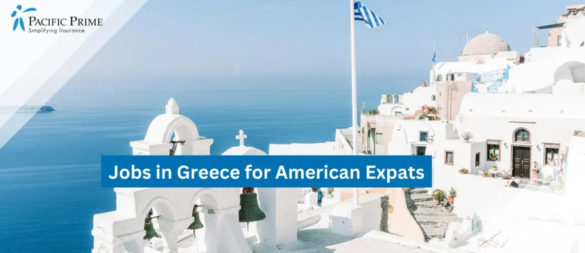 Image of White Buildings By The Sea In Oia Under Daylight with text overlay of "Jobs in Greece for American Expats"