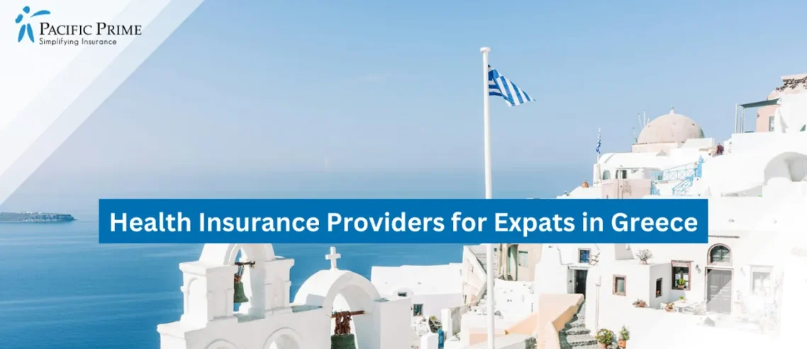Image of White Concrete Building By Water In Oia, Greece, During The Day with text overlay of "Health Insurance Providers for Expats in Greece"