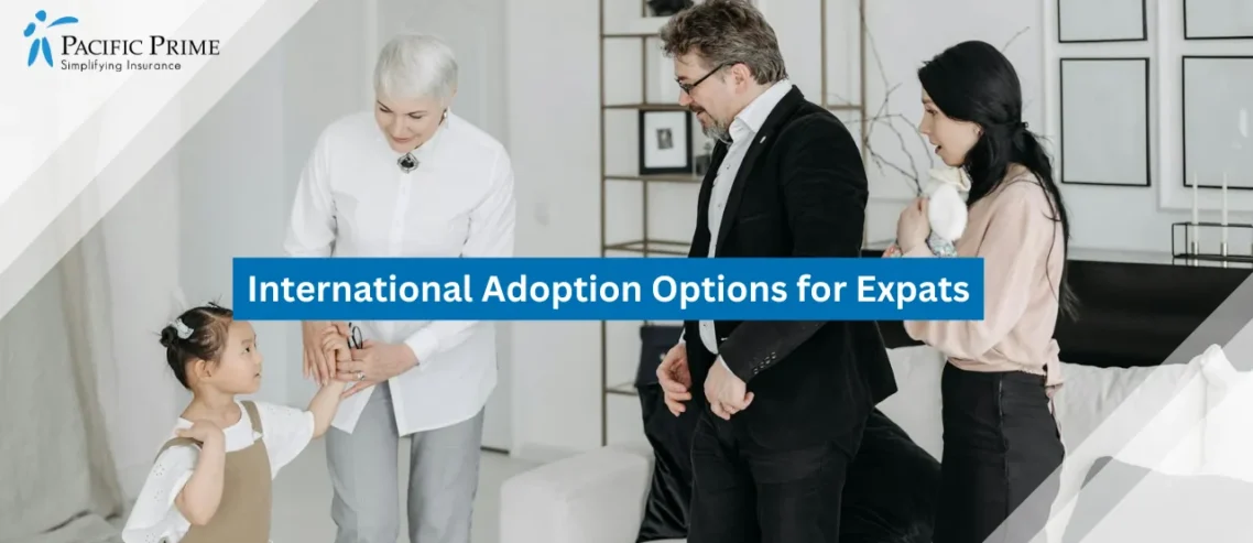 Image of Woman Guiding Young Girl To Meet Her Adoptive Parents For The First Time with text overlay of "International Adoption Options for Expats"