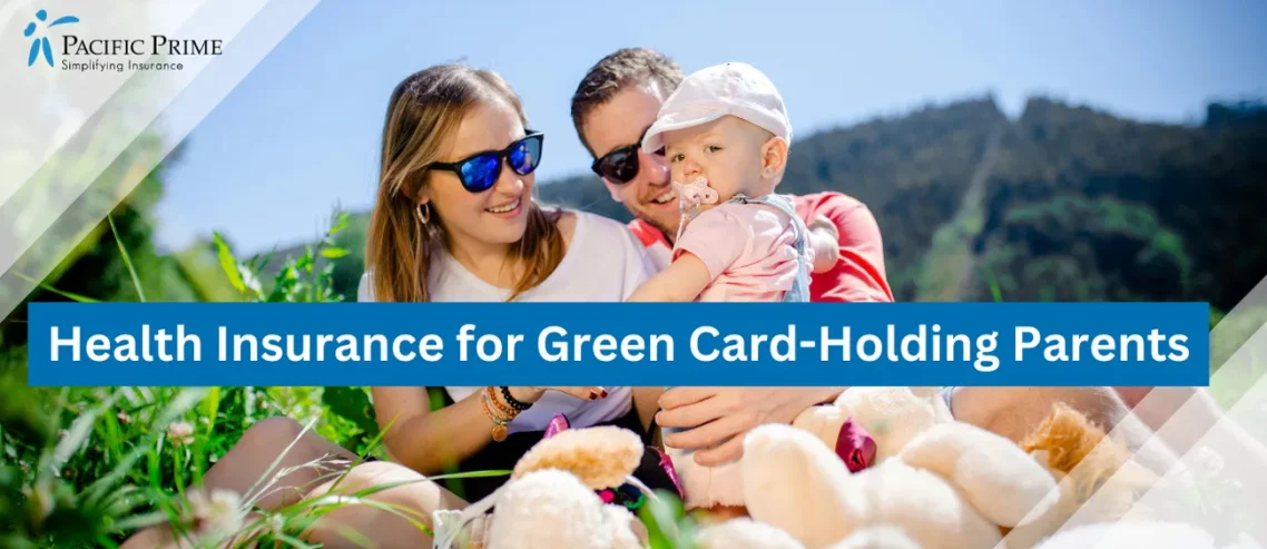 Image of Woman In A White Shirt Holding A Baby In A White And Red Striped Shirt with text overlay of "Health Insurance for Green Card-Holding Parents"